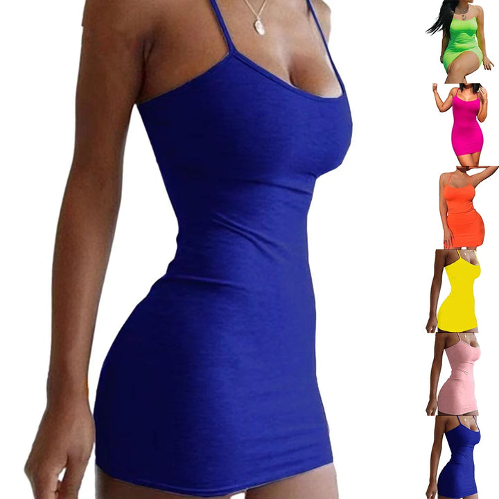 Women Sexy Spaghetti Strap Mini Dress Summer Party Camisole Solid Sundress Skirt