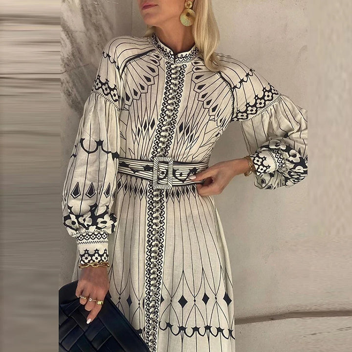 Retro Elegant Stand Collar Long Dress Women Spring Pattern Print Belted Buckle Party Dress Autumn Long Sleeve A-Line Boho Dress