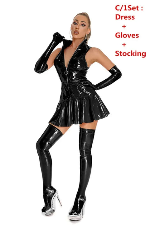 Women's Leather Dress Plus Size Women Sexy Shiny PVC Latex Mini Skirt With Gloves And Stocking Pole Dance Pleated Latex Dress