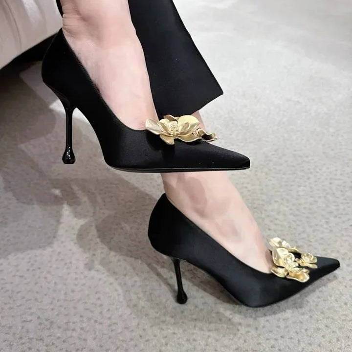 Golden Flowers Women Silk High Heels Luxury Designer Sandal Metallic Flower Square Toe Pointed Fine Heel Party Dress Shoes Pumps