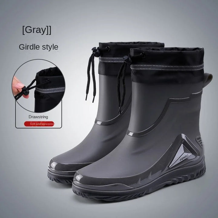 New ，Rain Boots Men's Waterproof Drawstring Rain ，Shoes Velvet Padded Suit， Warm Non-Slip Flat Fashion Take-out Rider Rain Boots