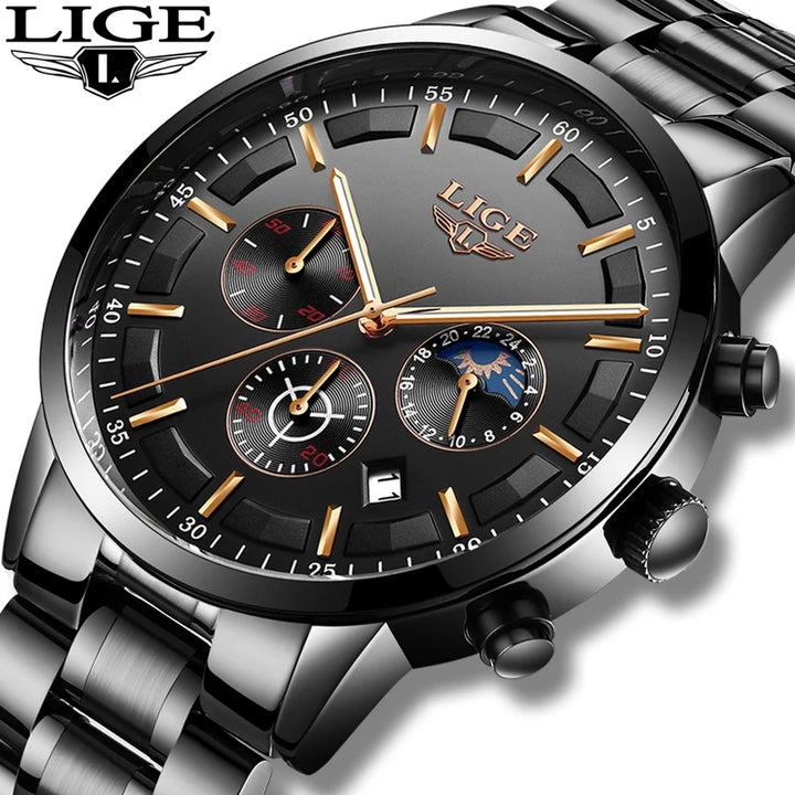 LIGE 2023 Fashion Mens Watches Top Brand Luxury Business Watch For Men Stainless Steel Waterproof Quartz Clock Relogio Masculino