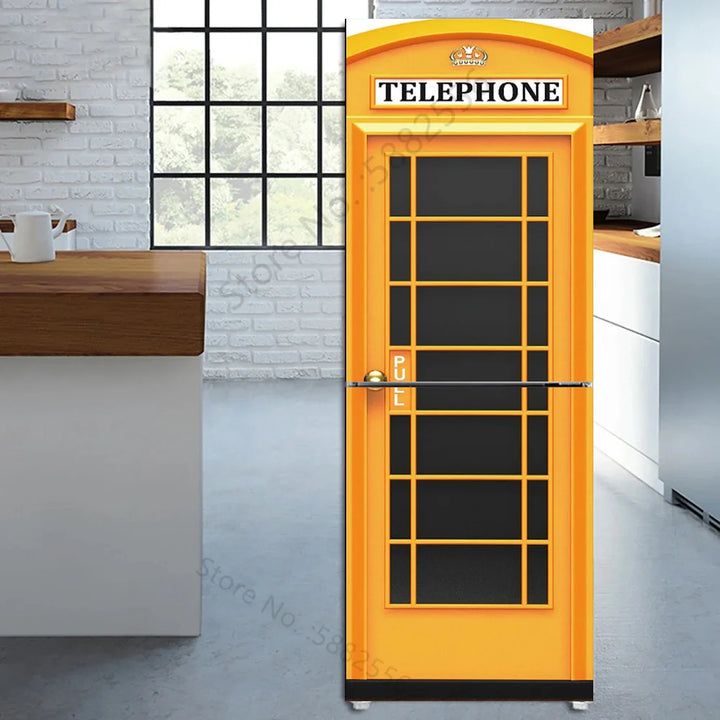 3D Container Telephone Booth Kitchen Fridge Decorative Stickers PVC Waterproof Full Refrigerator Door Wrap Full Cover Wall Decal