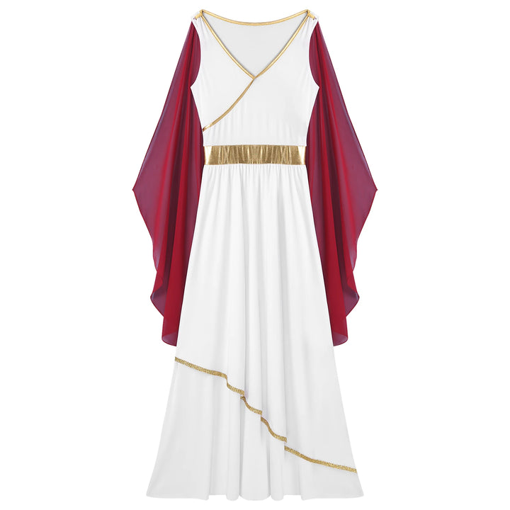 Womens Ancient Greek Toga Goddesses Costumes Party Halloween V Neck Sleeveless Gold Trims Toga Greece Roman Queen Cosplay Dress