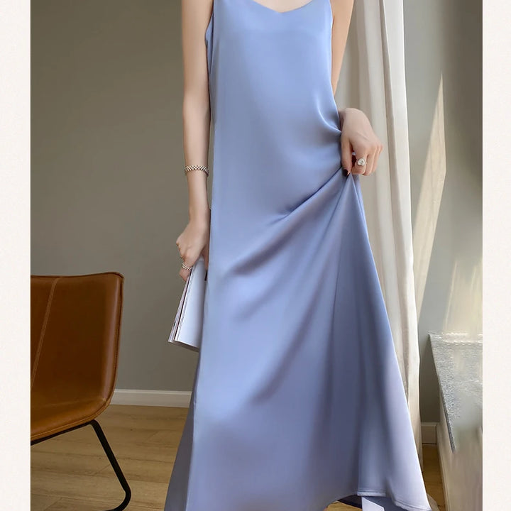 Summer Halter Dress Female Silk Silk Silk High Grade Satin Solid Color Long A-Line Skirt Waist Show Thin Cover Meat RW D13