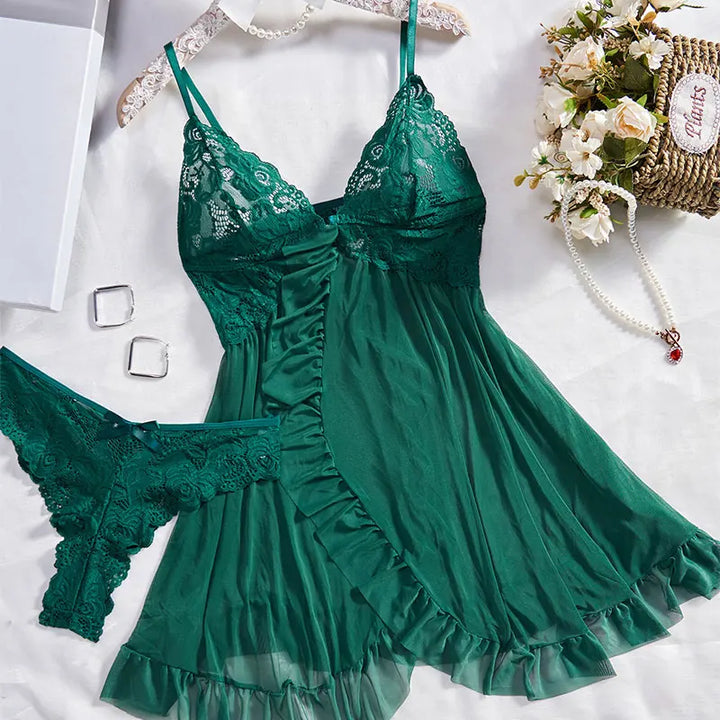 Thin Style G-string Contrast Lace Ruffle Trim Lingerie Set Deep V Slip Dress Thong Women's Sexy Lingerie Lencería Mujeres