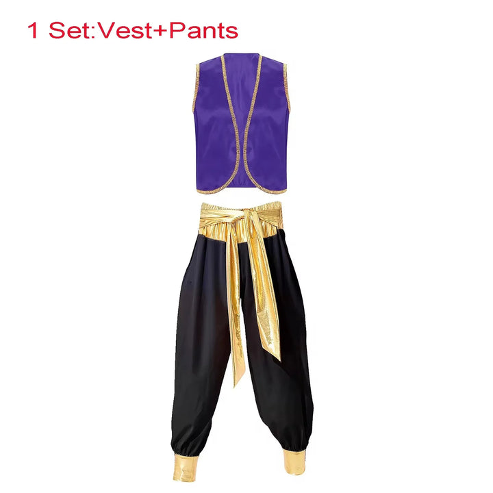 Mens Arab Prince Costume Persian Arabian Aladin Halloween Role Play Sleeveless Vest Waistcoat with Pant Suit Carnival Outfits