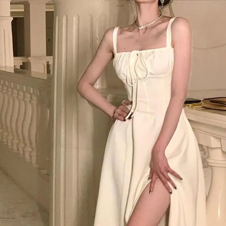 French Elegant White Strap Midi Dress 2023 Summer New Casual Evening Party Dress Women Beach Sleeveless Lace-up Red Dress Korean