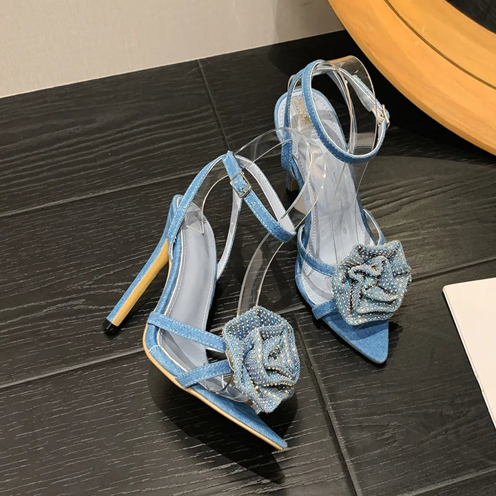 Aneikeh 2025 Fashion Denim Buckle Strap High Heels Women's Sexy Pointed Open Toe Crystal Flower Slim Heel Sandals Party Dress