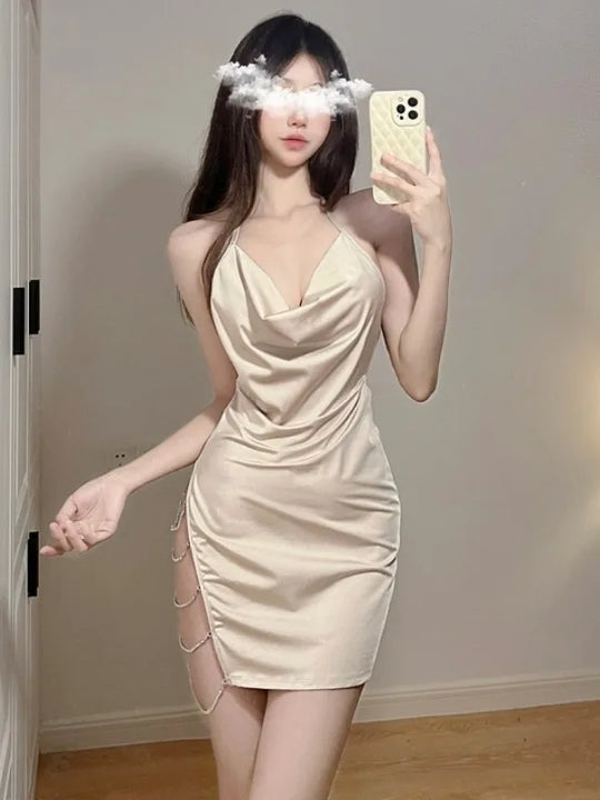 Nightclub Style Sexy Slim Fit Collar Side Split Chain Strap Slim Fit Spicy Girl Wrap Hip Dress Women Summer New Sheer Top EINB