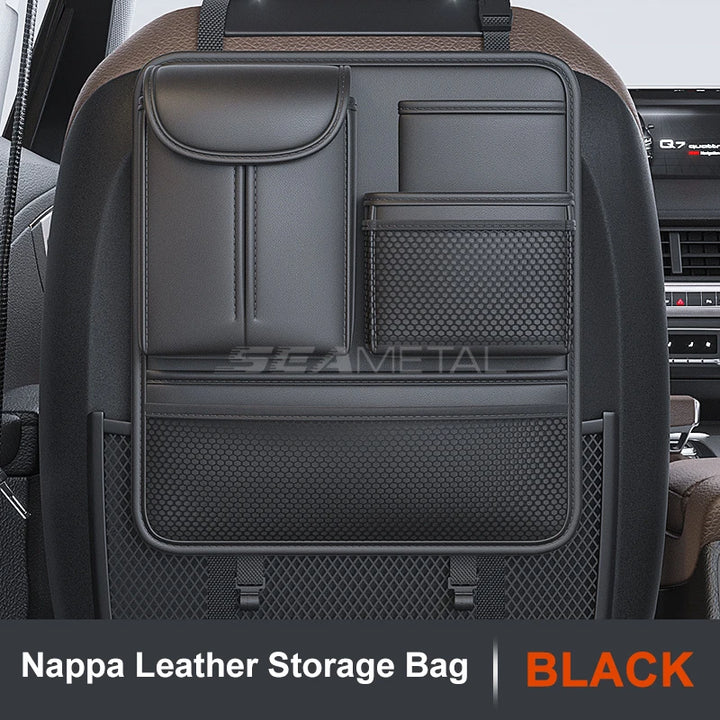 SEAMETAL Car Seat Back Organizer Rear Row Storage Bag with Elastic Band Nappa Leather Multi Pocket Anti Kick Pad Seat Protector