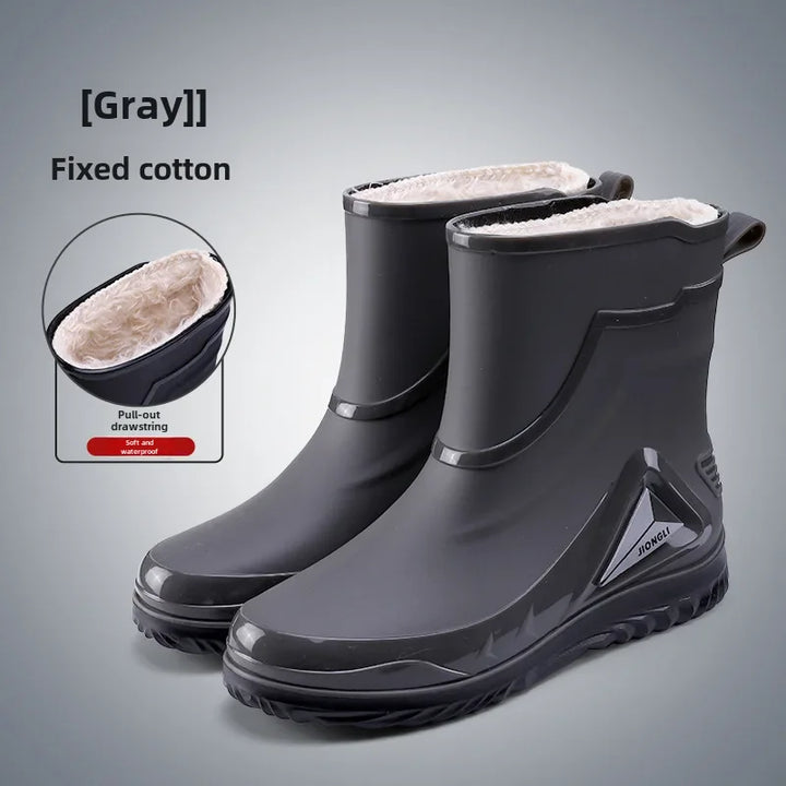 Waterproof Men's Rain Shoes Outdoor Non-slip Work Shoes Fleece Lined Cotton Warm Rain Boots Kitchen Footwear Male