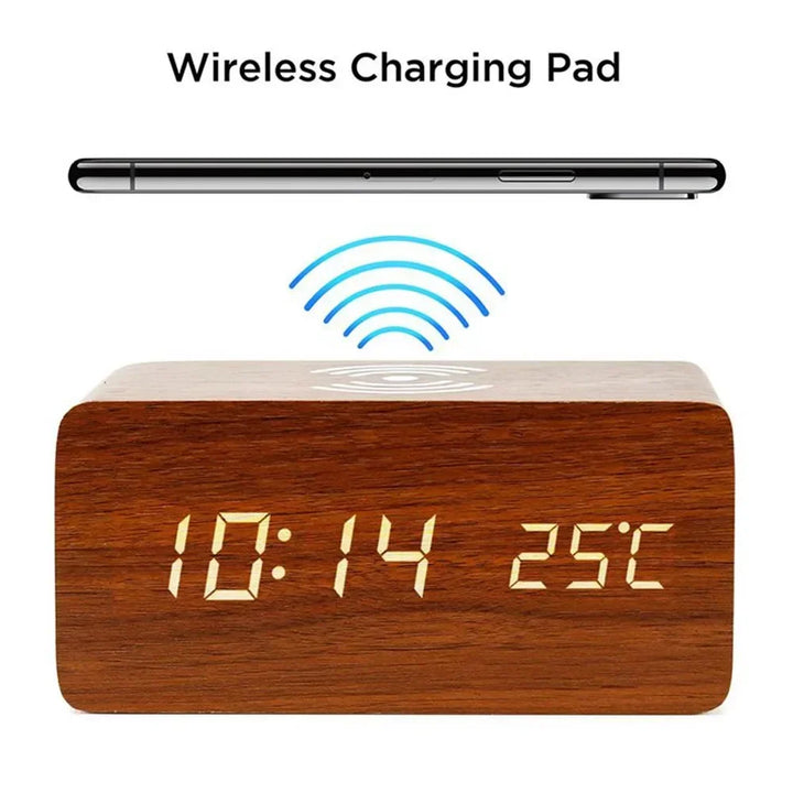 Alarm Clock LED Digital Wooden USB/AAA Powered Table Watch with Temperature Humidity Wireless Charging Electronic Desk Clocks