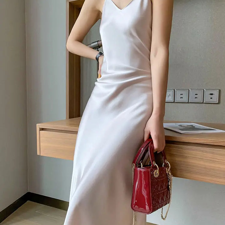 2022 Elegant Women Dress Summer Sexy V-Neck Korean Satin Party Long Spaghetti Strap Dresses Casual Sundress Vestido Mujer