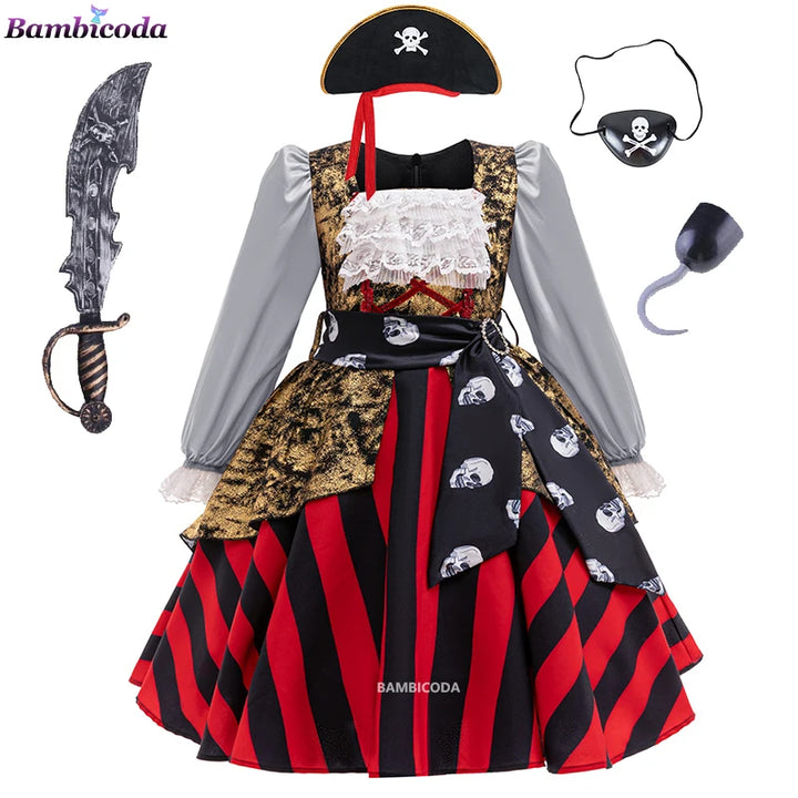 2024 Kids Girls Boys Caribbean Pirate Captain Costume Carnival Masquerade Party Children Girls Fancy Dress Cosplay Clothes