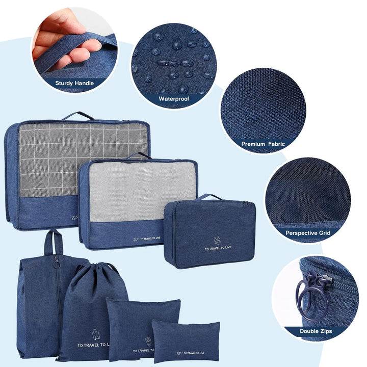 7 Pcs Packing Cubes Travel Pouches Multifunctional Luggage Organizer Clothes Suitcase Storage Bags (Navy) 