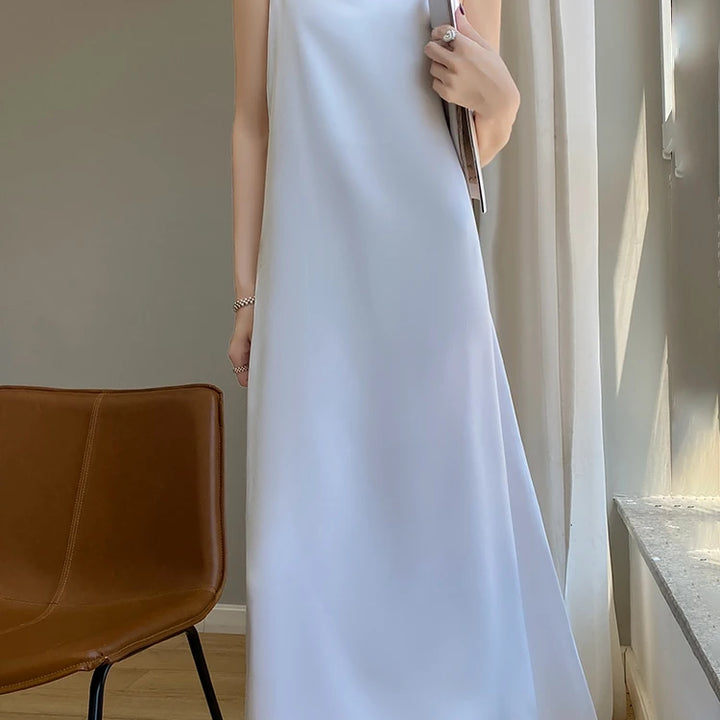 Summer Halter Dress Female Silk Silk Silk High Grade Satin Solid Color Long A-Line Skirt Waist Show Thin Cover Meat RW D13