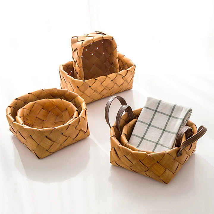 Woven Storage Basket with Handle Bread Basket Portable Picnic Food Fruit Storage Box Kitchen Organizer Decor Photography Props