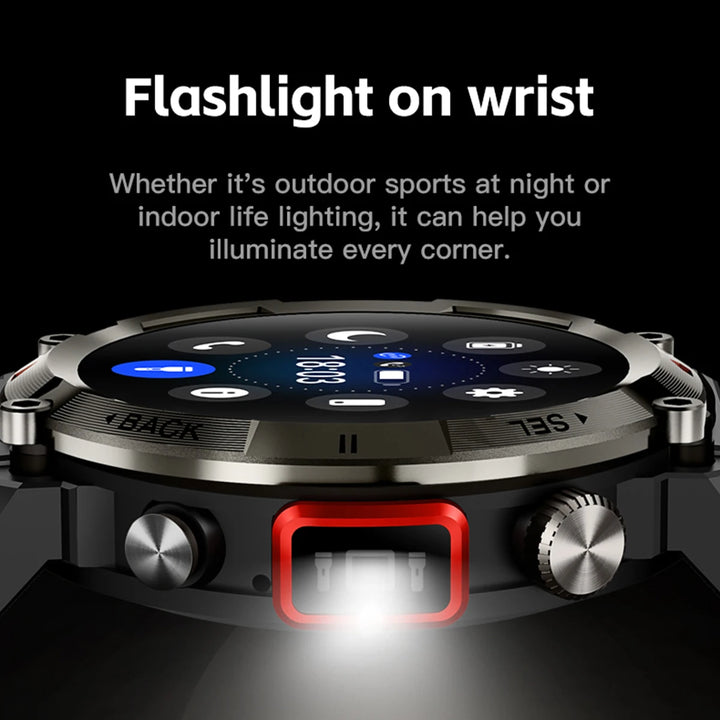 Outdoor Sports Smart Watch Flashlight 1.45" HD Screen Bluetooth Call For Men Fitness Tracker SmartWatch Android IPhone IOS