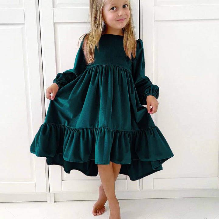 Spring AutumnGirls Dress Ruffles Long Sleeve Girl Velvet Retro Kids Party Dress Girl Princess Dress Children Clothing 6-12Y