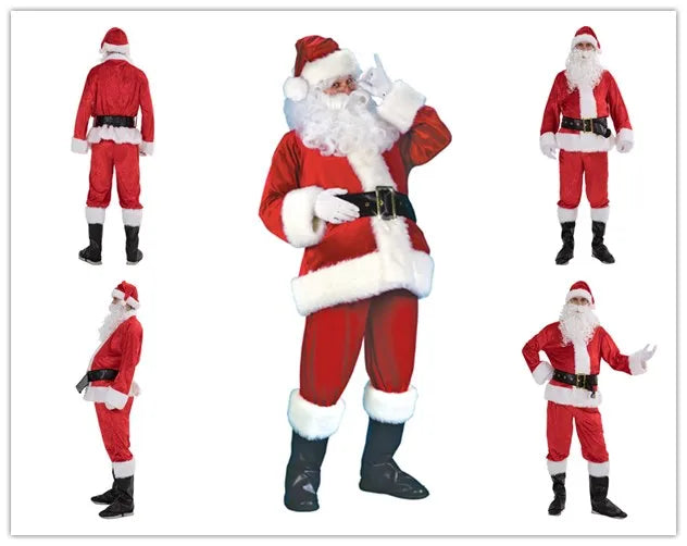 Deluxe Christmas Santa Claus Costume Set Red Zipper Coat with Pants Hat Belt Beard Shoes - Festive Holiday Outfit for