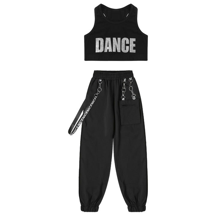 Teens Girls Fashion Outfit Street Jazz Dance Clothes Sleeveless Racer Back Crop Top with Hiphop Sweatpants Streetwear Sportswear