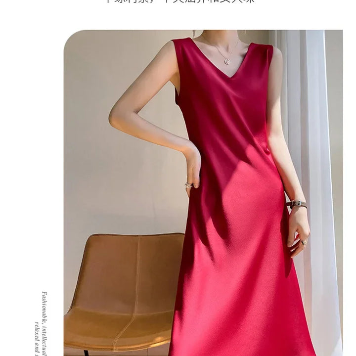 Spring/Summer Satin Dress V-neck, sleeveless, suit with a high-waisted maxi skirt