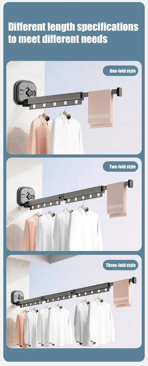 Suction Wall Mount Folding Clothes Drying Rack With Retractable Suction Cup Extension Pole Reusable 3-Fold Clothes Drying Rack