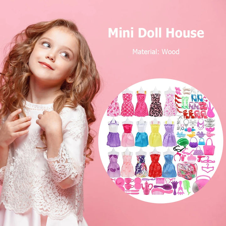 106pcs Doll Accessories Fashion Cute Dress Doll Shoes Boots Mini Dress Handbag Outfit Rack DIY Dollhouse Toy For Barbie Doll