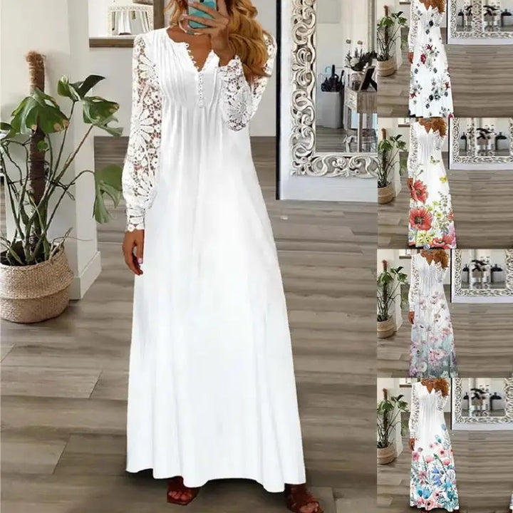 Bohemian Ladies Maxi Dress Office Lady Streetwear New Spring Summer Long Sleeve Women Casual Printed Fashion V-Neck Party Dress