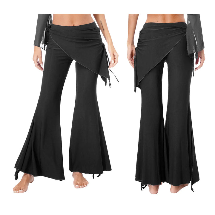 Womens Split Flared Belly Dance Pants Halloween Carnival Costume Solid Color Pants Lace-Up Skirted Pants