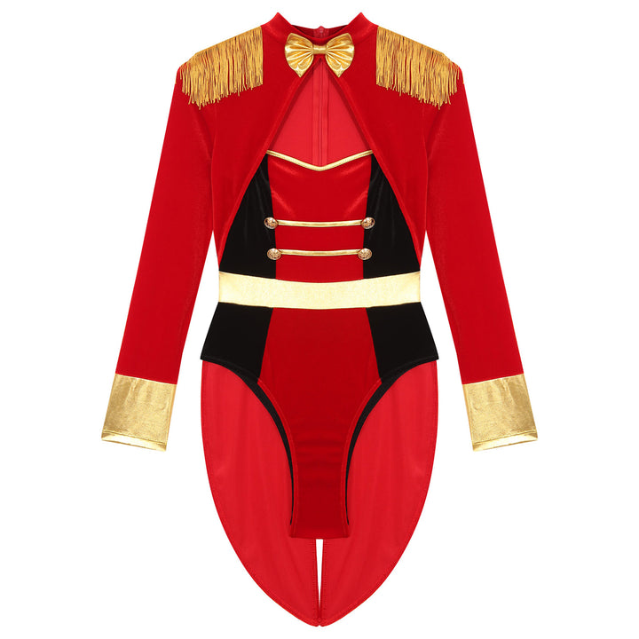 Womens Circus Ringmaster Costume Jumpsuit Halloween Carnival Party Long Sleeve Tailcoat Velvet Fringed Sexy Cosplay Bodysuit