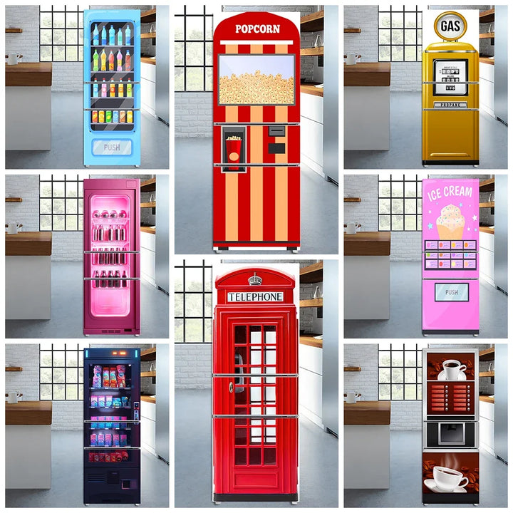 INS Style Telephone Booth Design Fridge Stickers Full Cover Vinyl Cartoon Popcorn Machine Display Refrigerator Sheet Art Poster