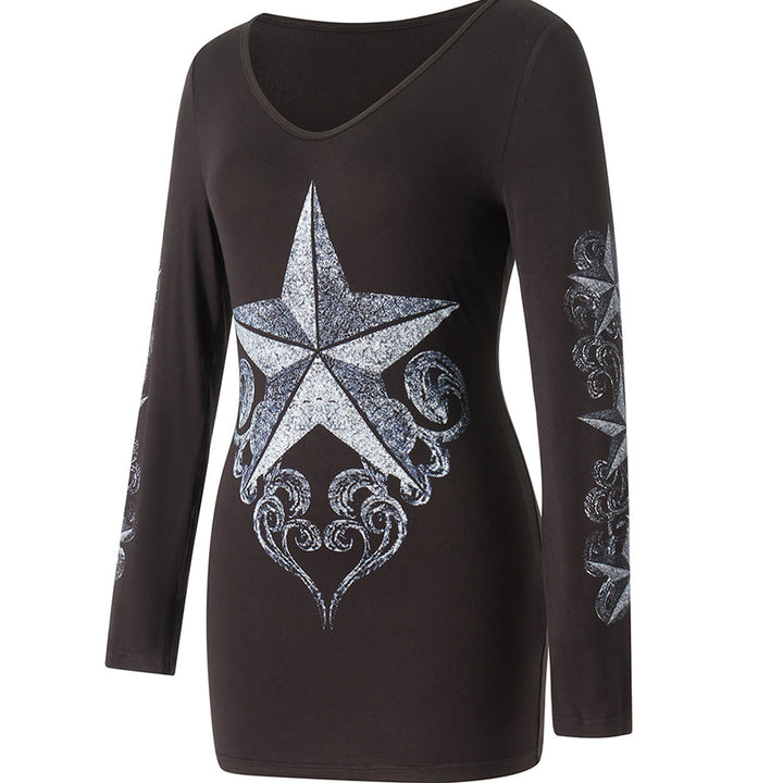 Women s Stylish  Fit Black Long Sleeve T-shirt with Unique Five-pointed Star Print and Deep V-neck Design Available in