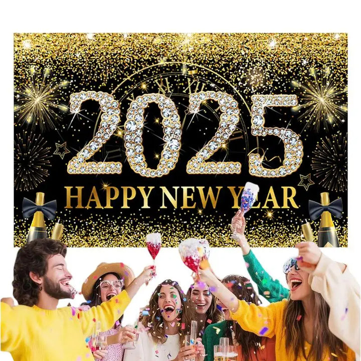 Happy New Year Background Cloth 71 X 43in New Year Home Photo Booth Black Gold Background Elegant New Year Photo Backdrop