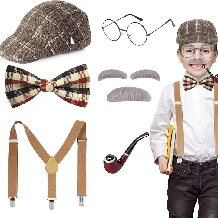 Old Man Costume for Kids100th Day of School Grandpa Costume Accessories Including Beret Hat Suspender Bowtie Beard Gangster