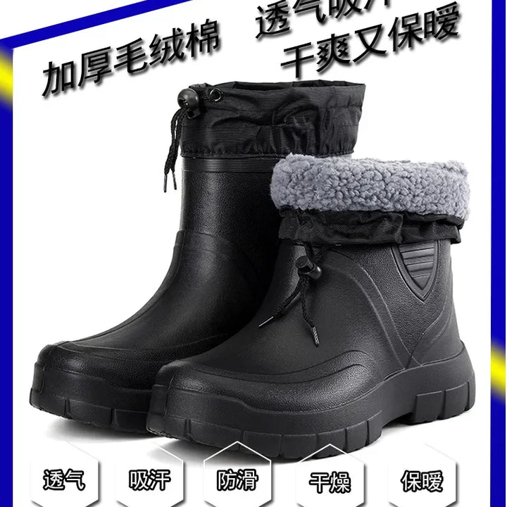 Winter Windproof Cotton Rain Boots Men Warm Light Ankle Rainboots Fashion Black Slip on Rain Shoes Men Waterproof Work Boot2024