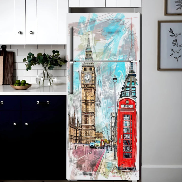 INS Red Umbrella Big Ben Fridge Door Wrap Mural Waterproof PVC Refrigerator Door Art Poster Wallpaper Removable Fridge Decal