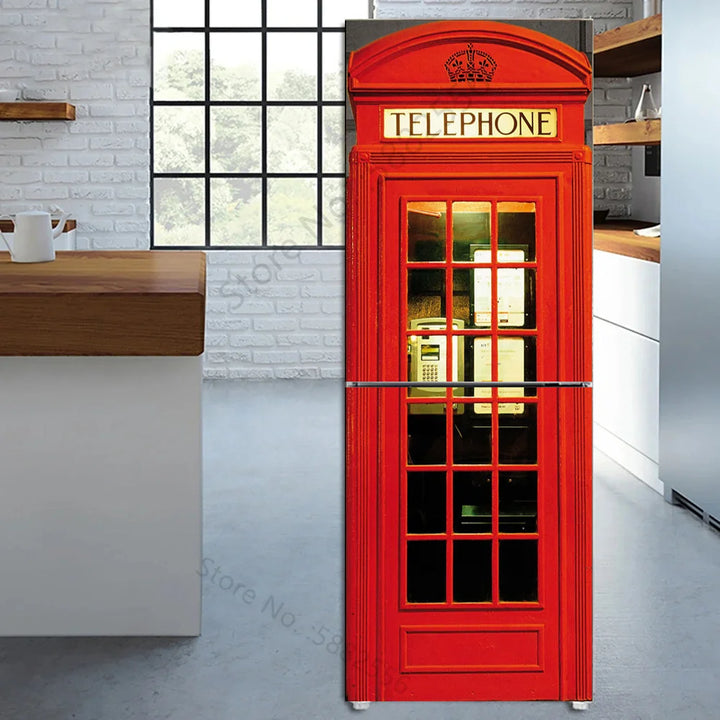 3D Container Telephone Booth Kitchen Fridge Decorative Stickers PVC Waterproof Full Refrigerator Door Wrap Full Cover Wall Decal