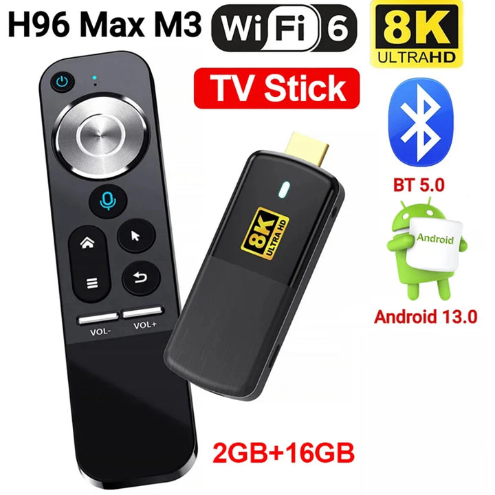 H96 MAX M3 Mini TV Stick RK3528 Android 13 Wifi6 8K Wifi 4K BT5.0 2GB 16GB Smart TV Box Google Voice Assistant Media Player