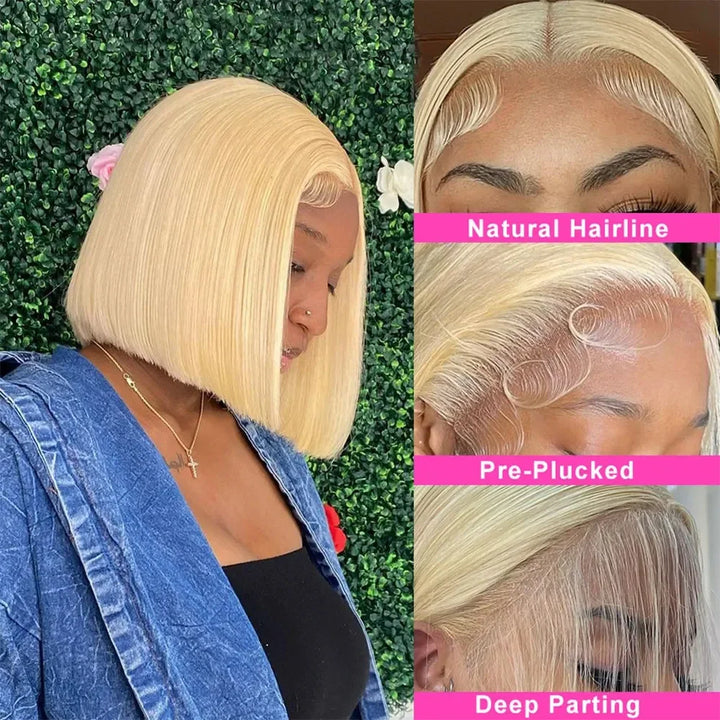 613 Blonde 13x4 13x6 Full Frontal HD Transparent Lace Short Bob Human Hair Wigs Pre Plucked Straight Human Hair Wig For Women