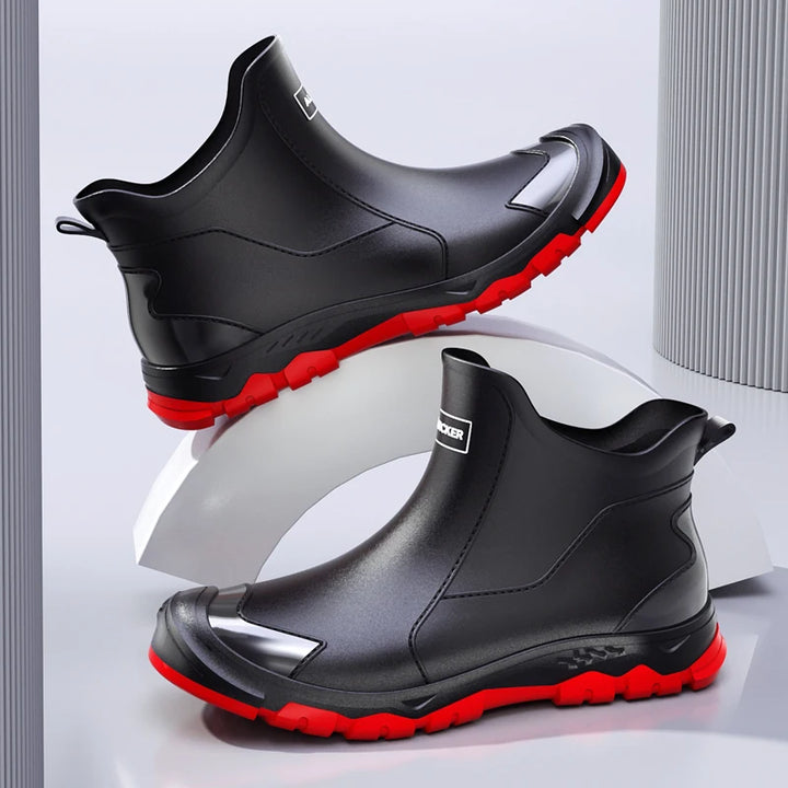 Fashion contrast color black red sole short rain boots men's outerwear versatile non-slip wading khaki rubber shoes