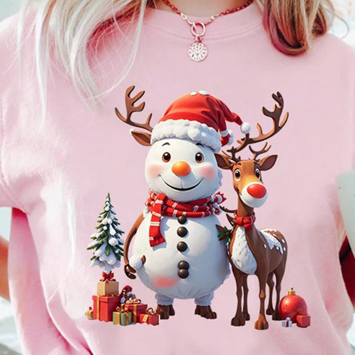 Christmas Women Casual T-Shirt Cartoon Snowman Reindeer Christmas Tree Print Sports Fashion Shirt Round Neck Loose Versatile Top