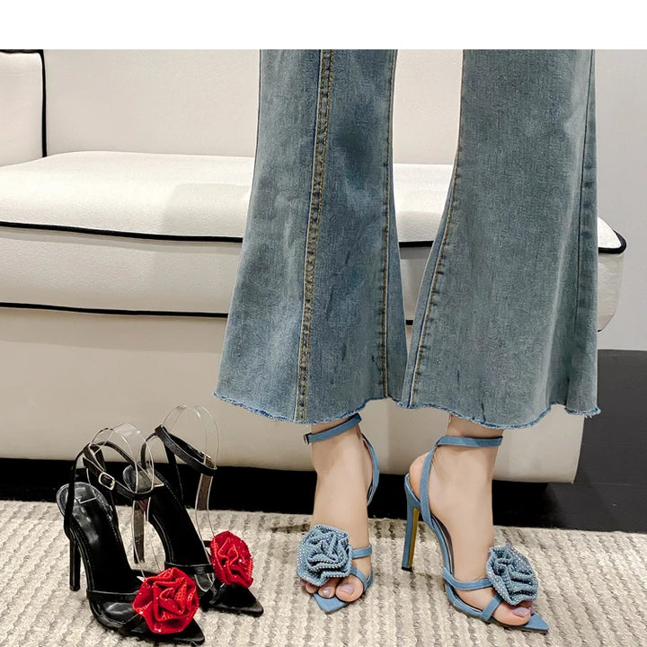 Aneikeh 2025 Fashion Denim Buckle Strap High Heels Women's Sexy Pointed Open Toe Crystal Flower Slim Heel Sandals Party Dress