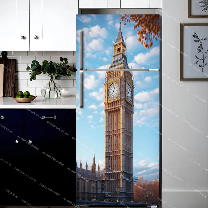 INS Red Umbrella Big Ben Fridge Door Wrap Mural Waterproof PVC Refrigerator Door Art Poster Wallpaper Removable Fridge Decal