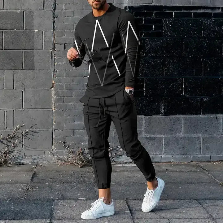 Men's Long Sleeve T-shirts and Pants Two Piece Black Classic Geometry 3D Printed Men's Sets Casual Suit nike tech fleece