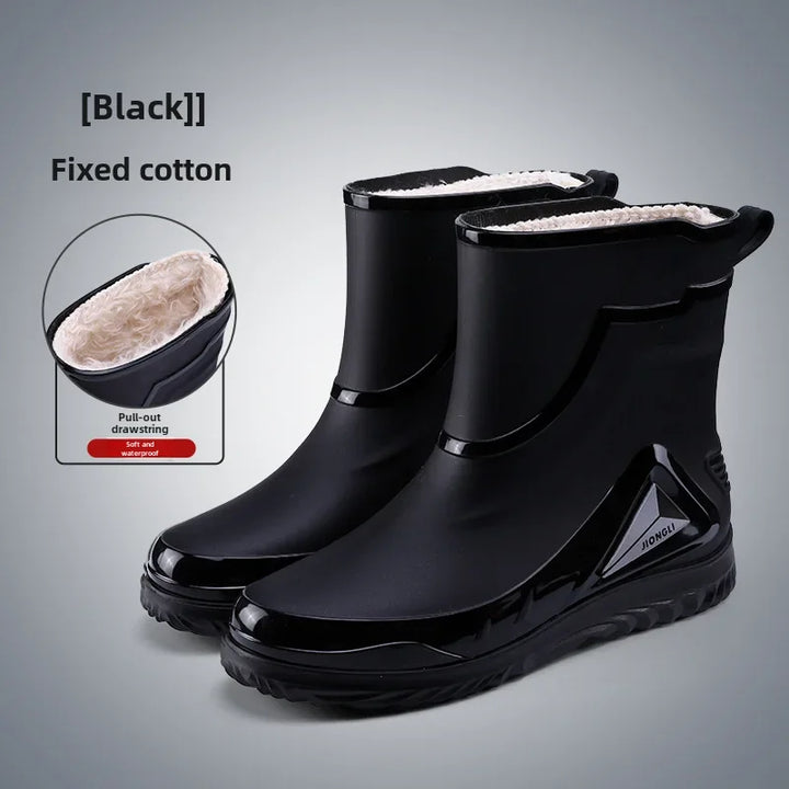 Waterproof Men's Rain Shoes Outdoor Non-slip Work Shoes Fleece Lined Cotton Warm Rain Boots Kitchen Footwear Male