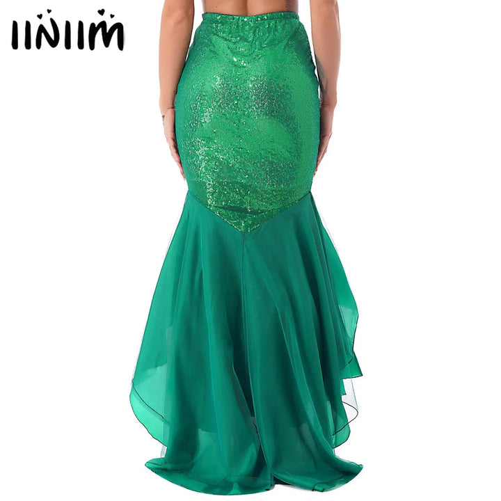 Women Ladies Shiny Sequined Mermaid Tail Skirt Party Photography Cosplay Costume Long Mermaid Tail Halloween Theme Party Dress