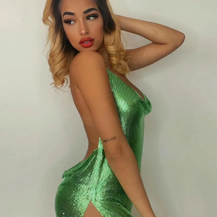 Sexy Bodycon Mini Dress for Women Bling Glitter Evening Prom Women Halter Side Slit Backless Party Club Summer Clothes