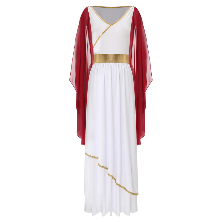 Womens Ancient Greek Toga Goddesses Costumes Party Halloween V Neck Sleeveless Gold Trims Toga Greece Roman Queen Cosplay Dress